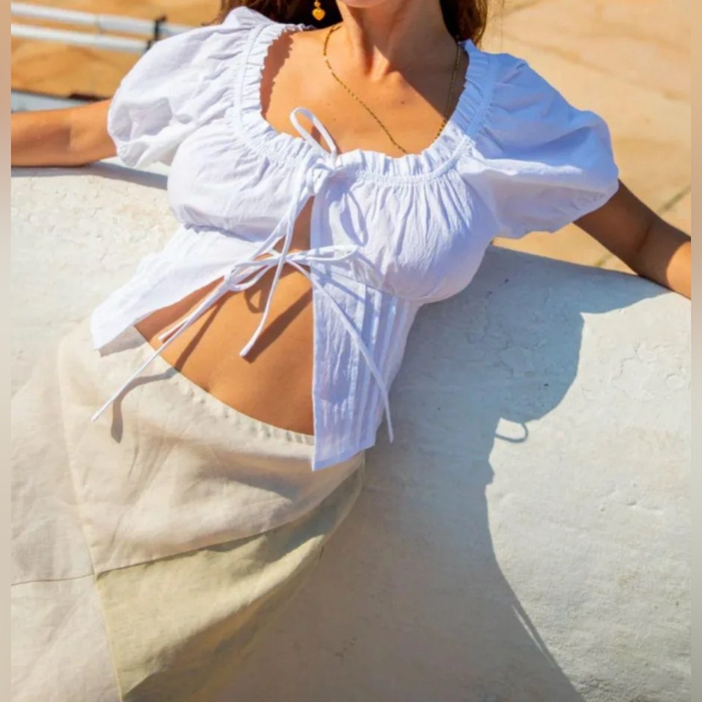 White Tie-Front Peasant Blouse - Women's Top